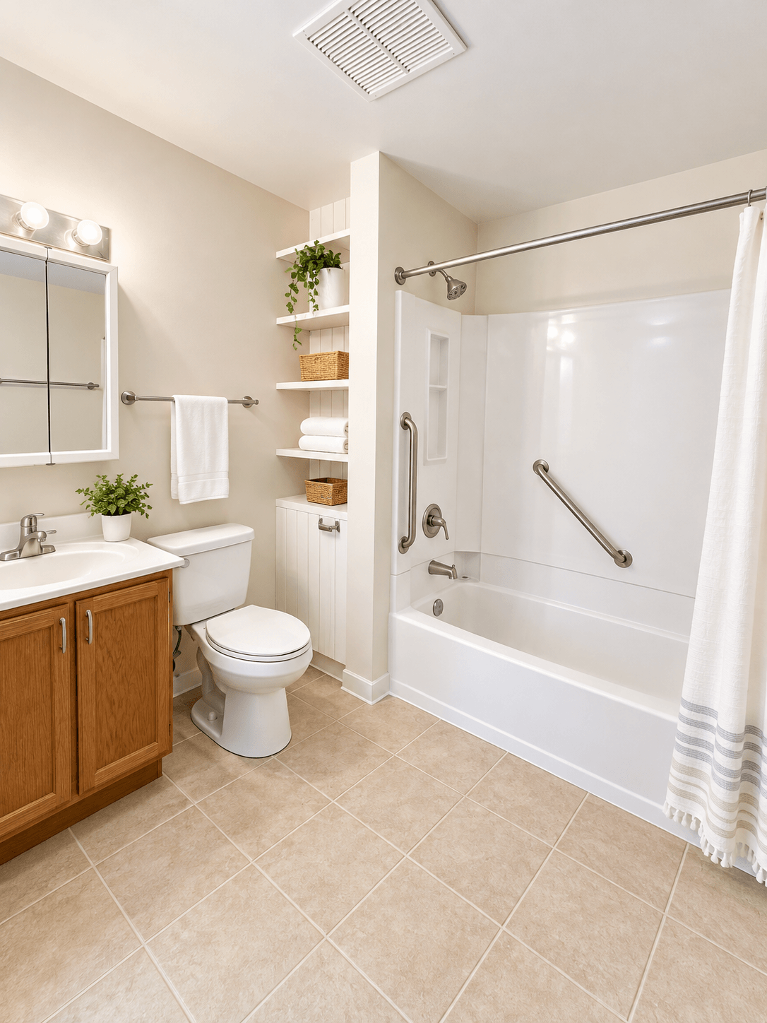A white bathroom with a toilet, sink, and bathtub.
